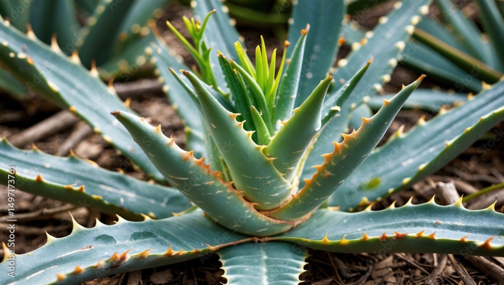 Fototapeta premium Aloe Vera plant with thick, spiky leaves growing in soil.