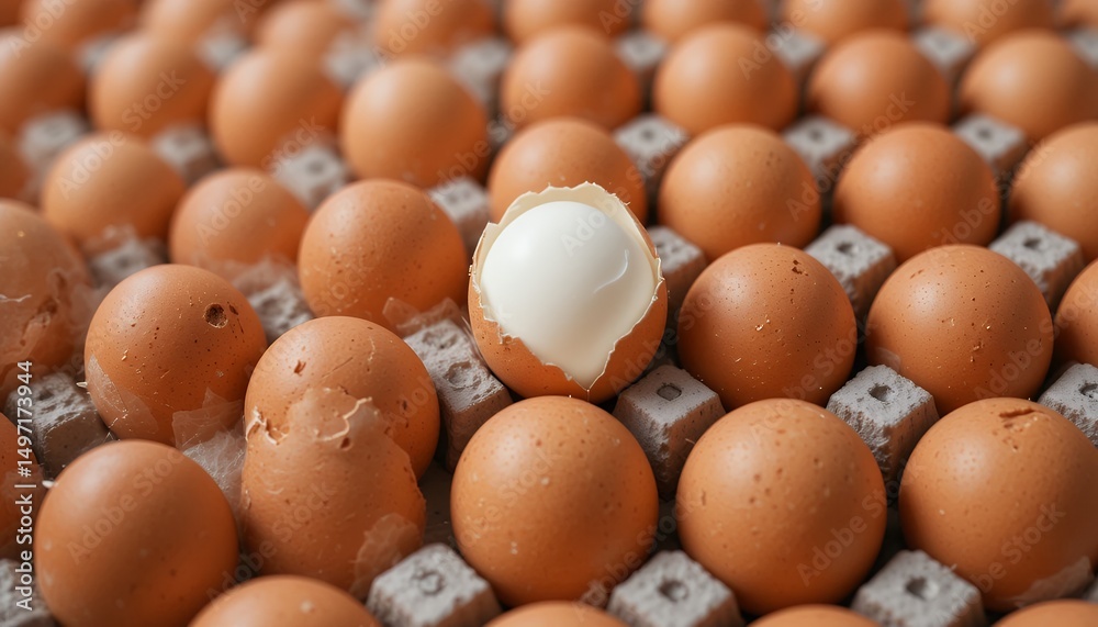 Close up of multiple brown eggs in a carton with one cracked open showing the white interior Close up of multiple brown eggs in a carton with one cracked open showing the white interior