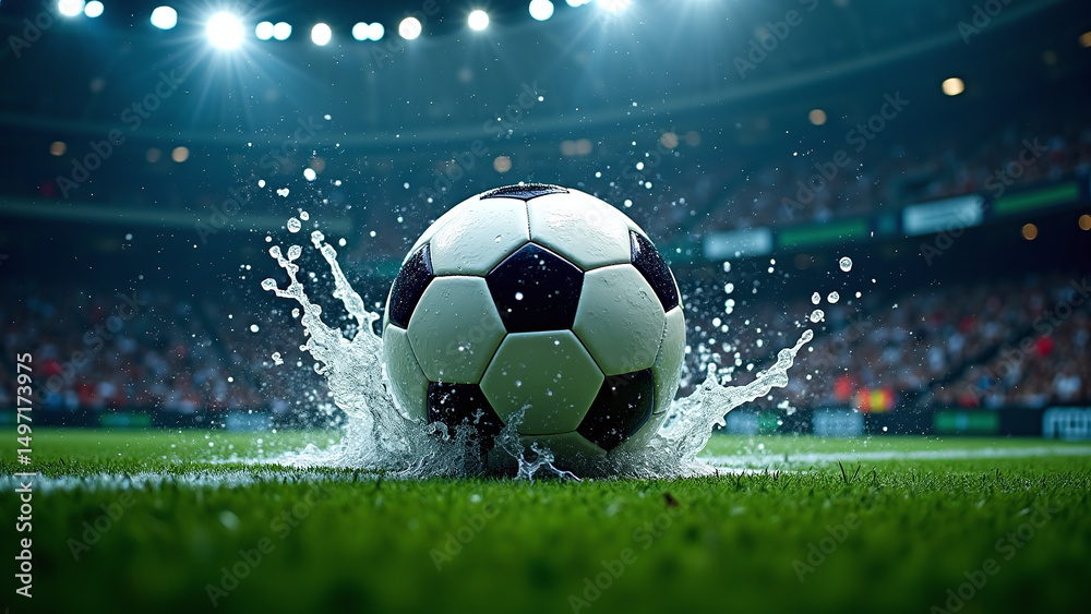 Naklejka premium A soccer ball is captured mid-air near the goalpost, with stadium lights illuminating the scene.