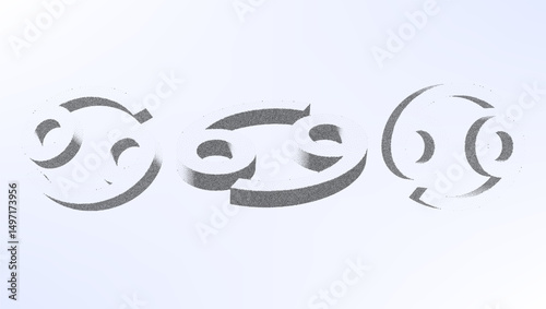 Dotwork pattern zodiac symbol. Black noise stipple dots cancer sign. Sand grain effect. Black dots grunge. 3d symbol from different angles. Grainy gradient noise dotwork pattern.
