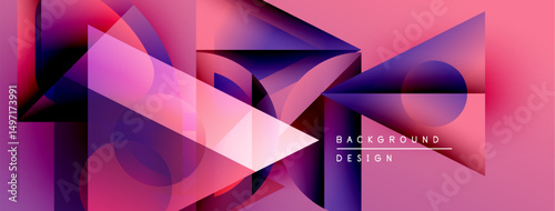 Abstract geometric shapes overlap, creating vibrant pinks, purples, blues. Modern design elements suggest dynamic visual experience.