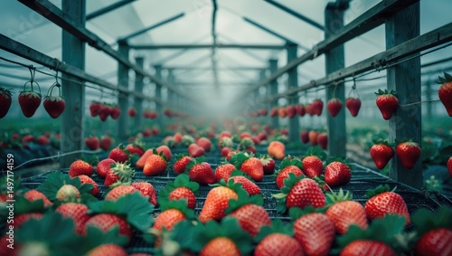 Strawberry farm with ripe strawberries hanging and on the ground inside a greenhouse. Agriculture and farming, fresh produce. The concept of cultivation and harvesting strawberries. photo