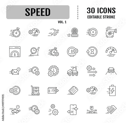 Speed icon collection. Containing fast, slow, movement, indicator, turbo, speeding, productivity and speedometer icons. Simple line vector illustration