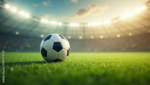 A soccer ball sits on a well-lit stadium field, surrounded by vibrant green grass and dramatic stadium lighting.
