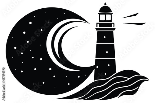 A lone lighthouse stands as a beacon on the coast under the moonlit night sky, its light guiding ships across the ocean from its towering architecture