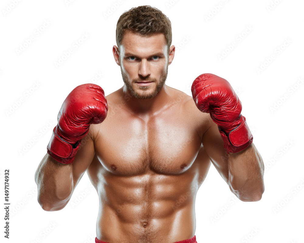 Young man with muscular build is posing in boxing stance, wearing red boxing gloves. His expression is focused and determined, showcasing strength and confidence Young man with muscular build is posing in boxing stance, wearing red boxing gloves. His expression is focused and determined, showcasing strength and confidence