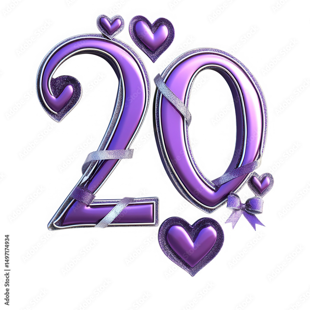 Purple number 20 with hearts on transparent background Purple number 20 with hearts on transparent background