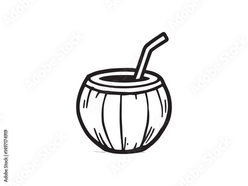 Tropical Coconut with Straw Drawing