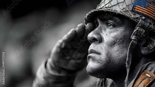 Black-and-white image of soldier saluting with flag in color