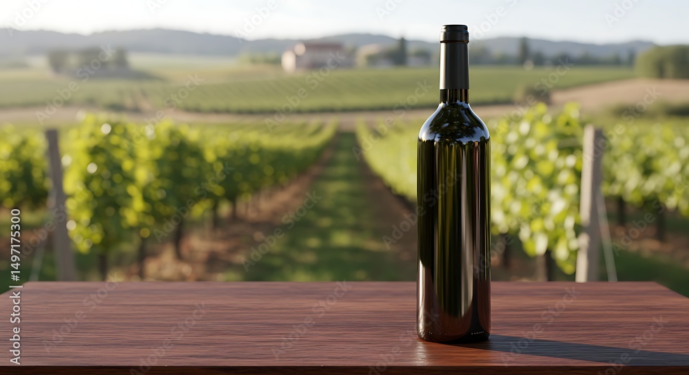 Fototapeta premium Elegant Wine Bottle Mockup with Vineyard Background – Realistic Product Photography