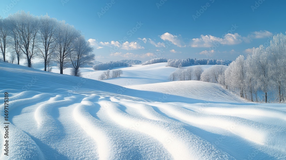 Obraz premium Serene Winter Landscape with Snow-Covered Hills and Leafless Trees
