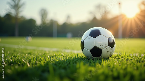 A soccer ball sits on a well-lit stadium field, surrounded by vibrant green grass and dramatic stadium lighting.