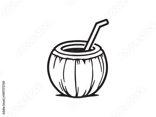 Coconut with Straw Line Art