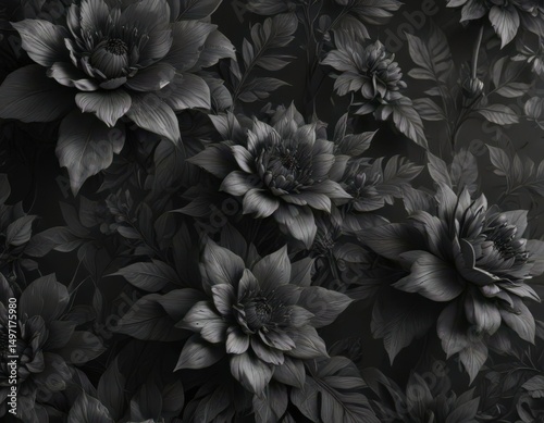Intricate charcoal floral wallpaper, abstract botanicals, monochrome, abstract, flower