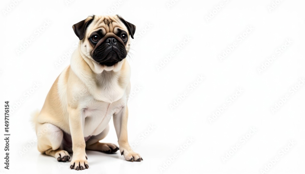 Obraz premium Adorable pug dog sitting, isolated on white background, dog face, wrinkles