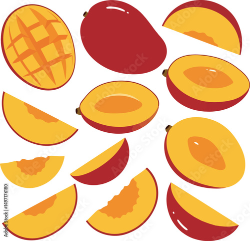 Juicy mango slices and whole mangoes illustration
