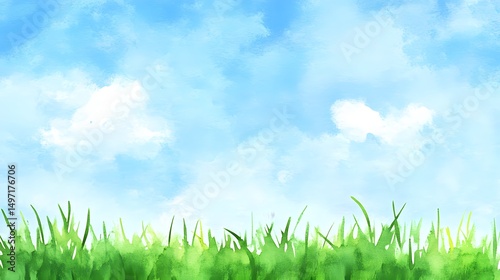 Painted landscape featuring a vibrant blue sky with fluffy white clouds and a line of green grass. The style is suggestive of a watercolor painting, with soft edges and blended colors.