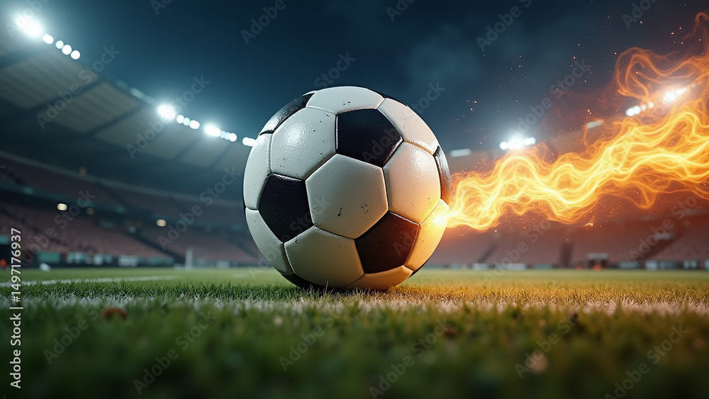 Fototapeta premium A soccer ball is engulfed in flames on a stadium field, creating a dramatic and intense visual effect.