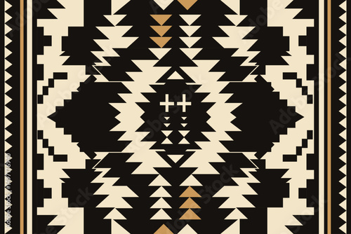 Tribal rug pattern with geometric black and beige design featuring traditional Native American style symmetry and bold abstract elements, ideal for textile, wall art, and fabric decoration.