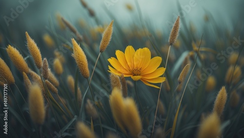 A yellow flower among fuzzy grass stalks in a natural setting.