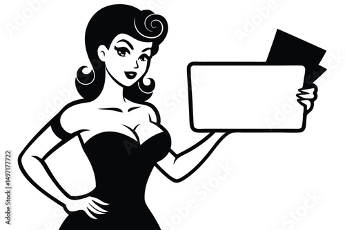 black and white, retro style, pin-up girl, 1950s, holding blank sign, confident expression, vintage, illustration
