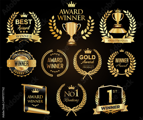 award winner and top rated golden badge and emblem collection stock illustration 