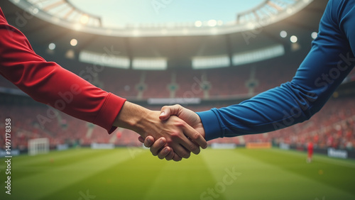 Two people shake hands on a soccer field, symbolizing agreement or partnership in a stadium setting.