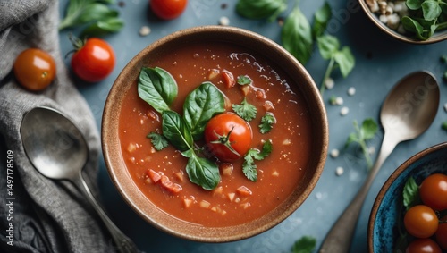 A bowl of tomato soup topped with basil and cilantro, surrounded by cherry tomatoes and kitchen utensils. photo