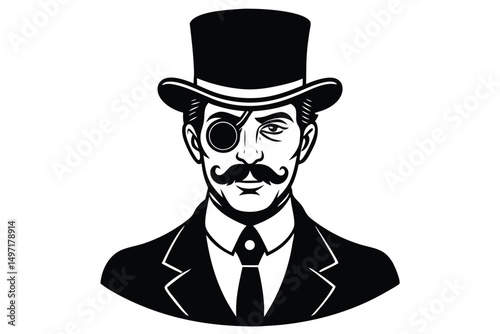 Elegant man in a business suit and top hat with a mustache, smiling like a character from a classic monopoly game or a skilled magician