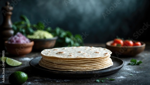 A stack of flatbreads placed on a black plate with fresh vegetables and lime around it, suggesting a food preparation setting. photo