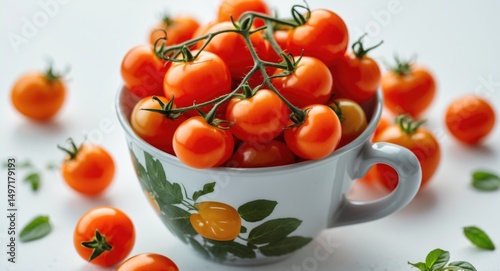 Cherry tomatoes in a bowl with a floral design, surrounded by scattered tomatoes and green leaves.