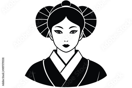 Japanese girl in a vibrant kimono with a fan, a charming illustration of traditional beauty