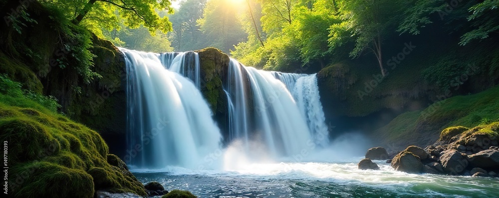 Naklejka premium Serene waterfall cascading down mossy rocks, creating a misty spray Sunlight filters through the lush green foliage surrounding the powerful, flowing water , forest, stream