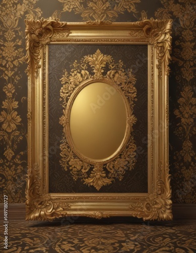 Intricate gold frames adorn rich damask fabric with floral motifs, elegant floor ,  embroidery,  damask
