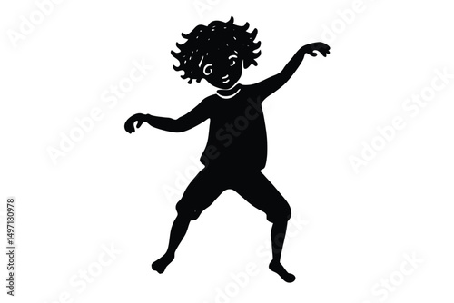 Dynamic vector silhouette illustration of a person, possibly a child or girl, with wings, captured mid-jump or dance, embodying an athletic and fun action pose