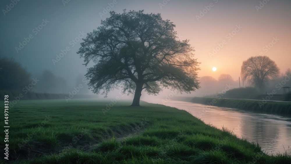 Fototapeta premium Tree landscape at sunrise with river, nature scene, tranquil environment, and morning sky.