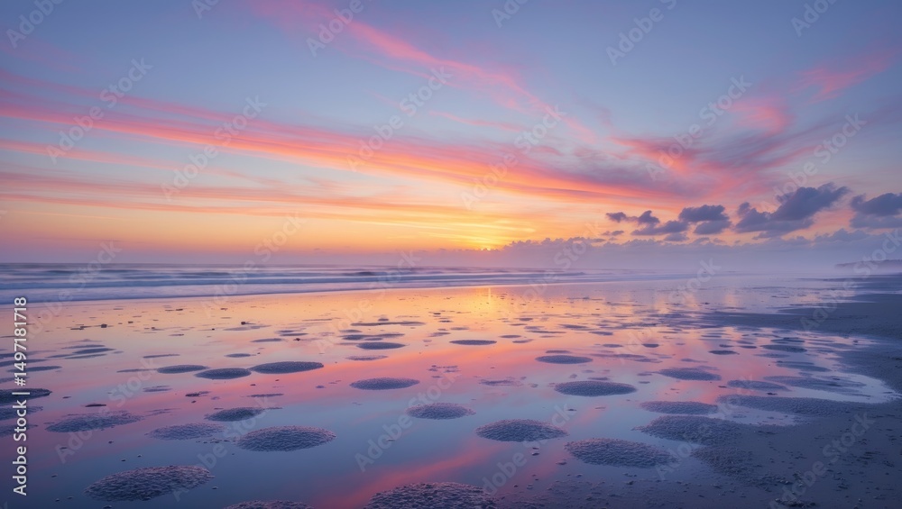 Fototapeta premium A serene sunset over the ocean with colorful sky and reflections on the water's surface. Coastal scene with calm waves and dramatic cloud formations.