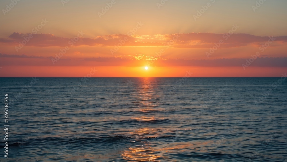 Naklejka premium Sunset over the ocean with vibrant sky and calm waters. Nature scene. Tranquility and serenity at sea.