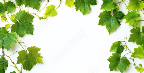 Fresh green grapevine leaves arranged in a frame on white background.