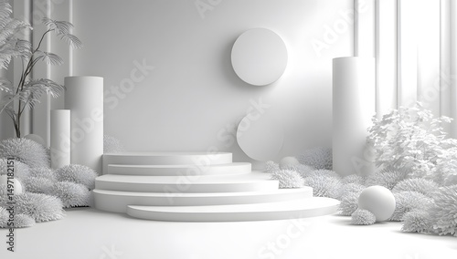 Minimalist White Display Podium with Fluffy Plants and Geometric