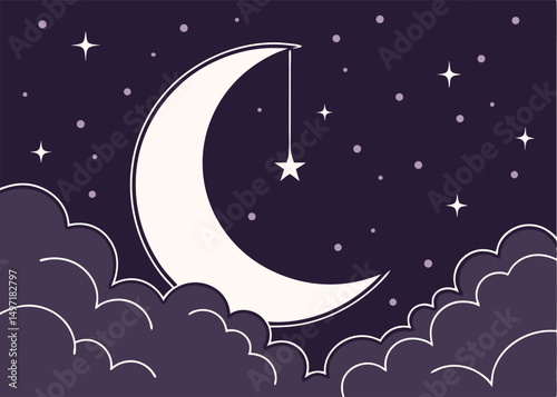 Whimsical Night Sky with Moon and Stars