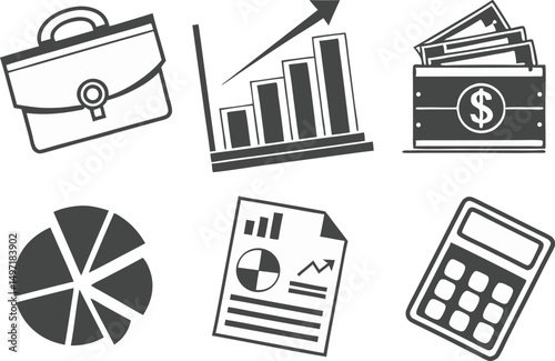 Business and Finance Icon Set Black Silhouettes Design. Black Silhouette Business and Finance Icon Set Design. Business Finance Icons in Black Silhouette Style
