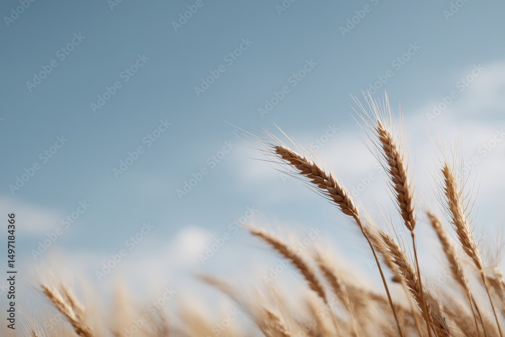 Fototapeta premium serene wheat field under clear blue sky with golden wheat ears gently swaying in morning breeze