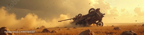 Ancient chariot overturned in a field, dust swirling, suggesting a battle or a sudden halt during a revolution Broken wheels, scattered debris hint at chaos and upheaval , society, metal, landscape