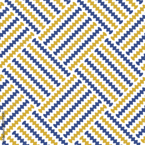 Diagonal checkered design with striped square tiles ornate with blue and yellow wavy lines. Seamless repeating pattern. Geometric modern design. Abstract vector illustration.