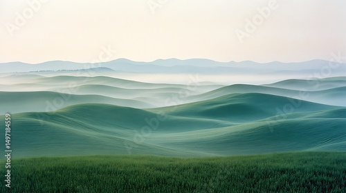 Gentle hills covered in lush green grasses, bathed in morning mist.