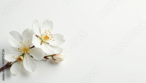 Delicate white blossoms on a stark white background , isolated, white background