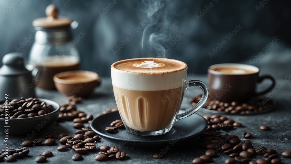 Fototapeta premium A cup of coffee with steam, surrounded by coffee beans, jars, and cups on a dark background.