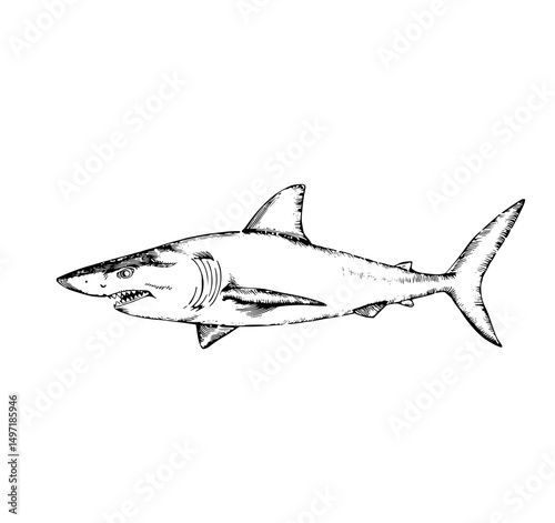 Shark Illustration: A detailed illustration showcases a shark in profile, its streamlined form and sharp features rendered with artistic precision, highlighting the apex predator's powerful essence.