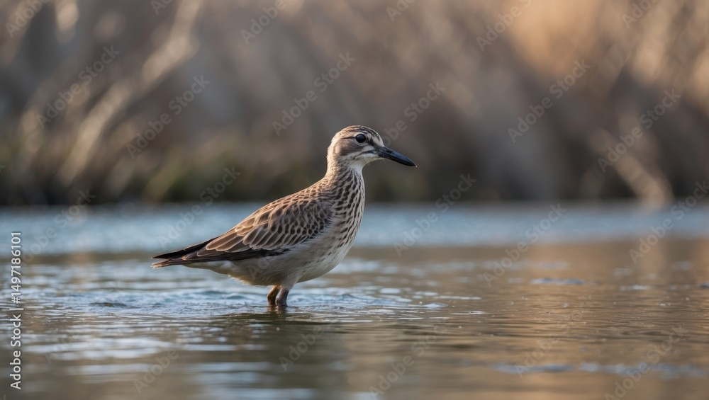 Fototapeta premium A bird standing in water on a calm day with blurred trees and bushes in the background.